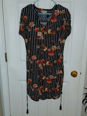 Bobbie Brooks Black Striped Midi Dress with Rust Floral Print